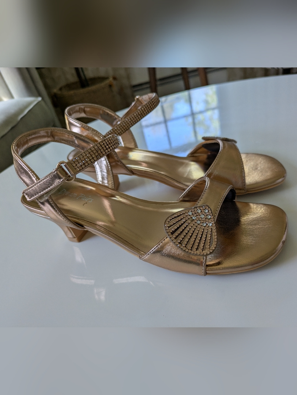 Girls Gold Low Heel Sandals with Rhinestone Detail